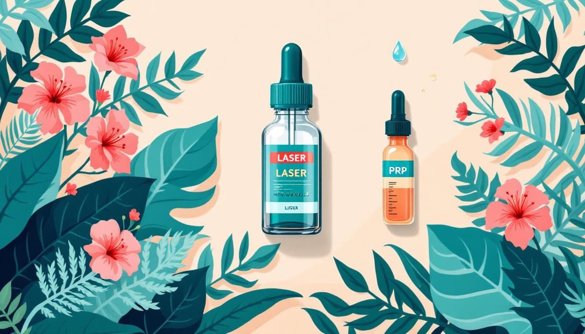 Side-by-side visual comparison of different hair loss treatments including laser therapy, topical solutions, and PRP injections