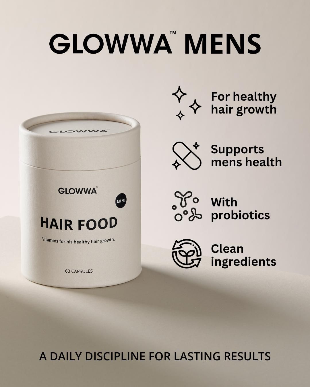 Glowwa Mens Hair Food featuring healthy hair growth support, mens health benefits, probiotics, and clean ingredients with daily discipline messaging