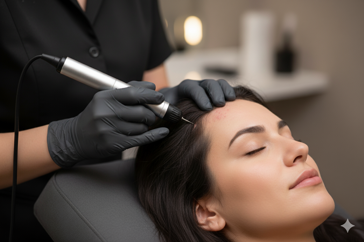Professional scalp microneedling treatment being performed by trained practitioner